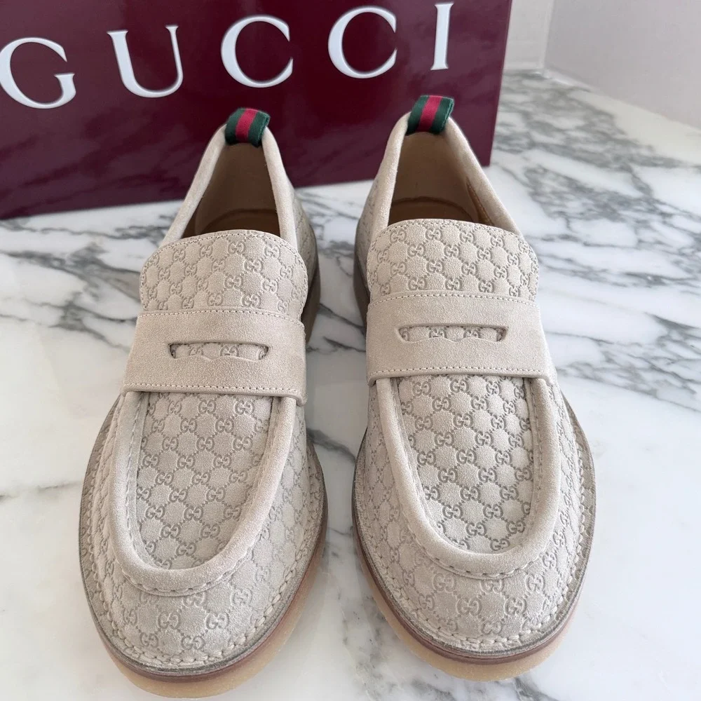 GUCCI GG Moreau Moccasin Tan Suede Loafer Shoe Penny Strap, G 8+